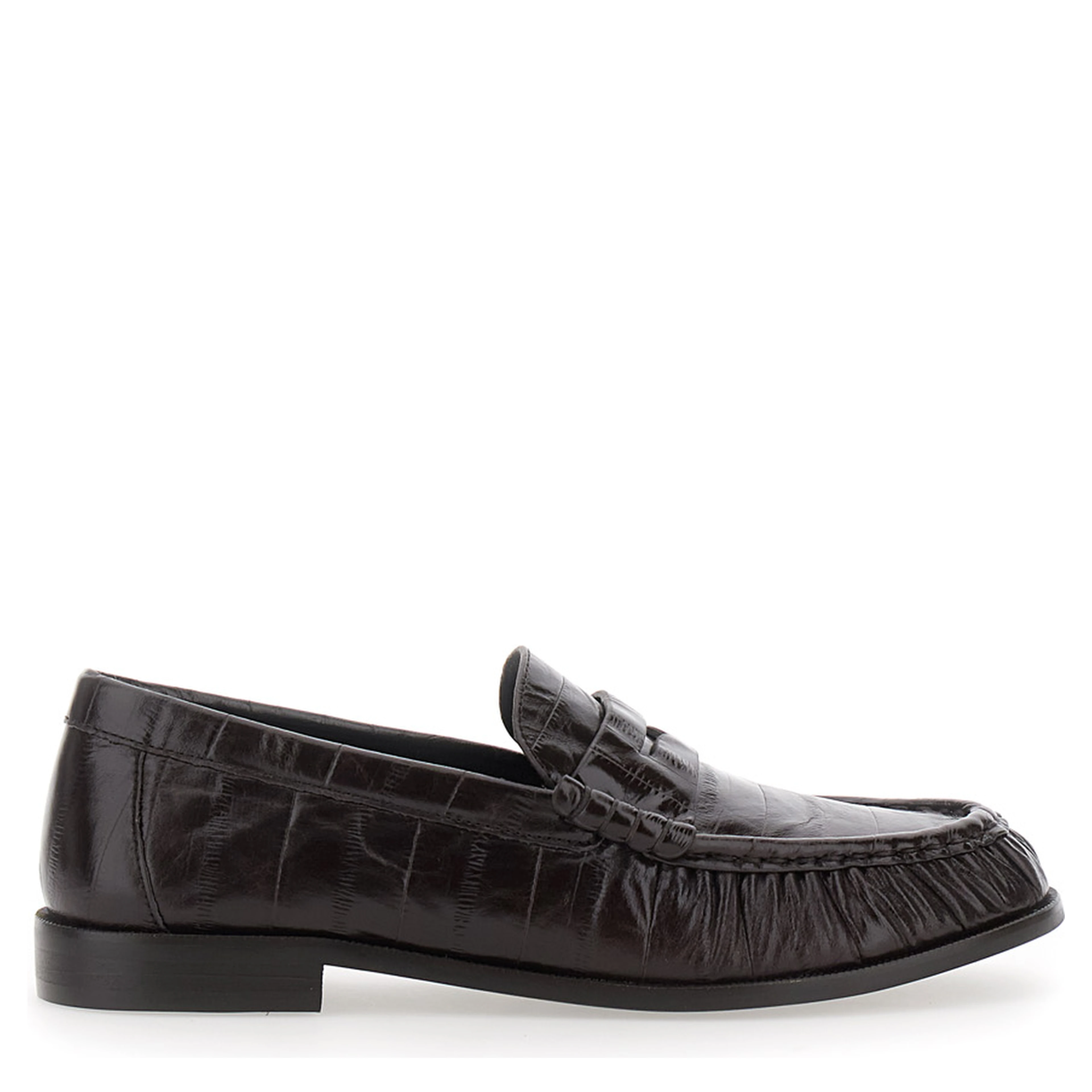 Stallone black loafer with ruched toe in croc-effect leather for women