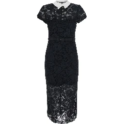Black long dress with contrasting collar and all-over lace embroidery in tech fabric for women