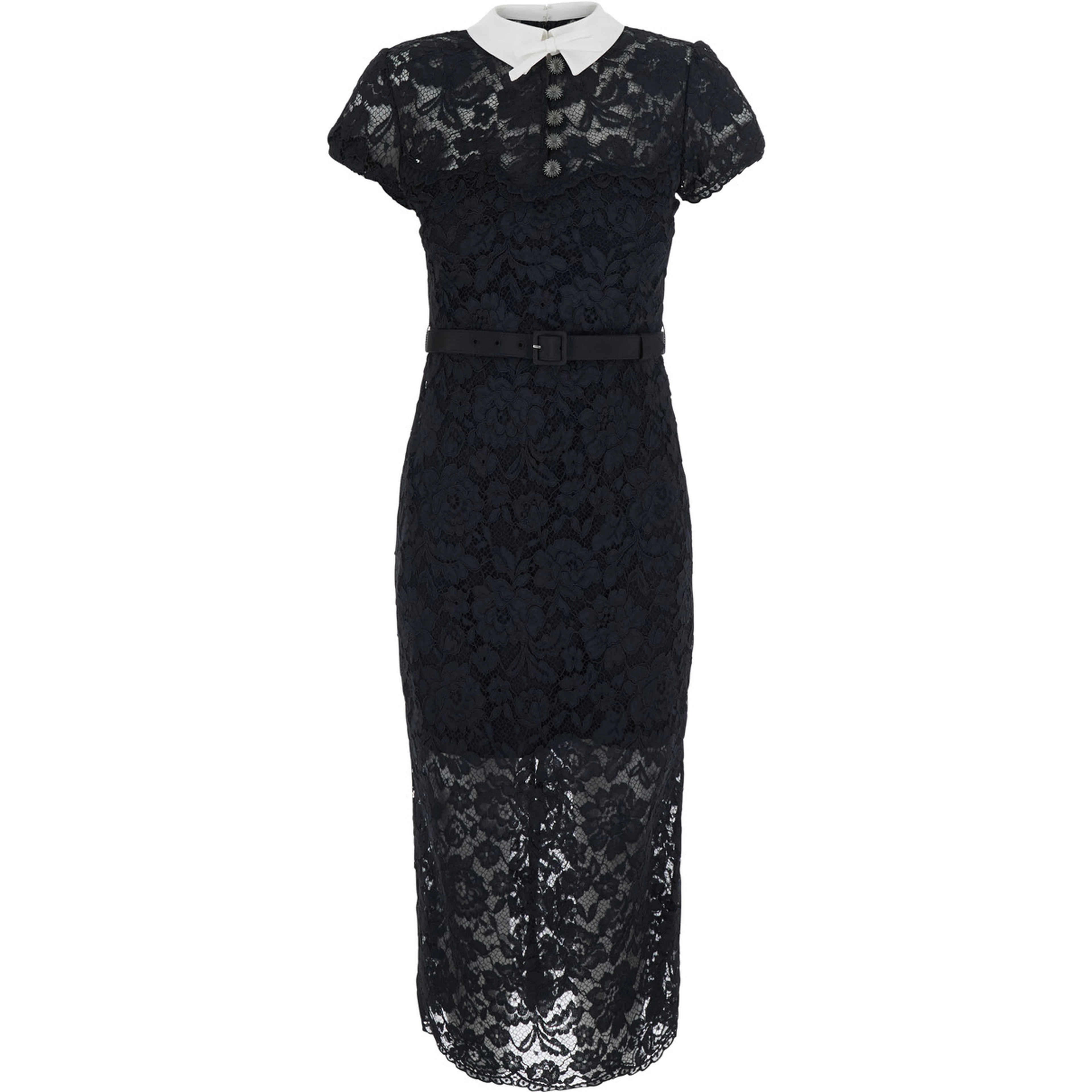 Black long dress with contrasting collar and all-over lace embroidery in tech fabric for women