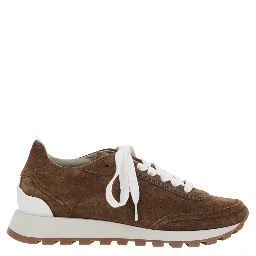 Brown Low Top Sneakers with Perforated Round Toe and Rubber Sole in Suede for Women