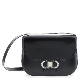 Black Crossbody bag with Adjustable Strap and Gancini Plaque on Front in Leather for Women