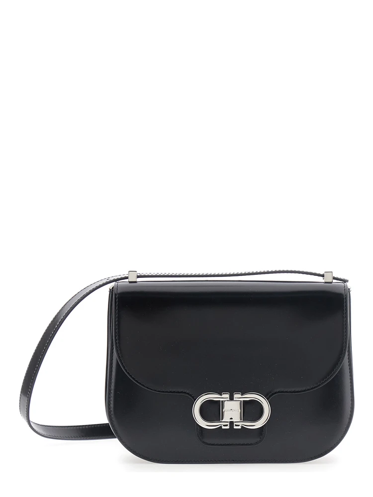 Black Crossbody bag with Adjustable Strap and Gancini Plaque on Front in Leather for Women