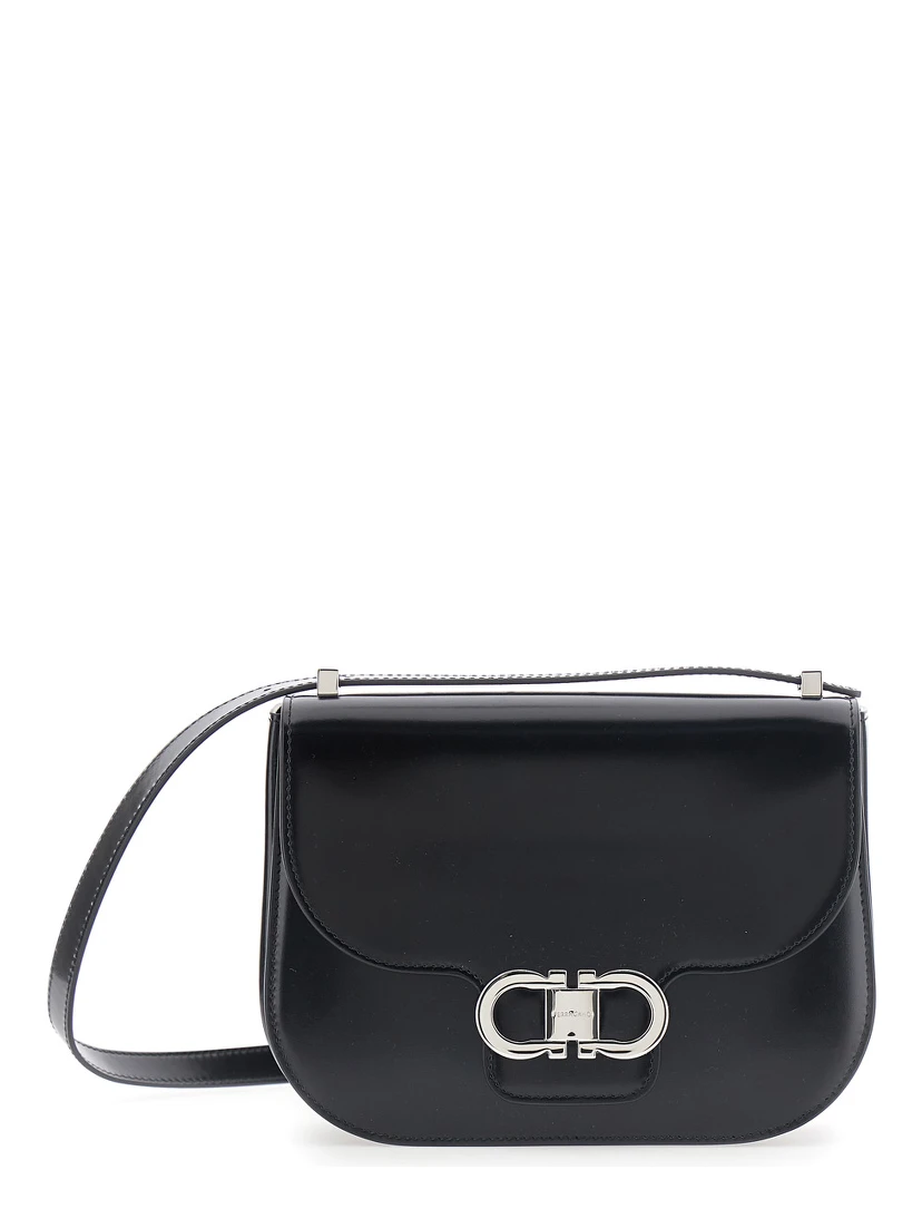 Black Crossbody bag with Adjustable Strap and Gancini Plaque on Front in Leather for Women