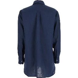 Blue Shirt with Classic Collar and Long Sleeves in Linen for Women