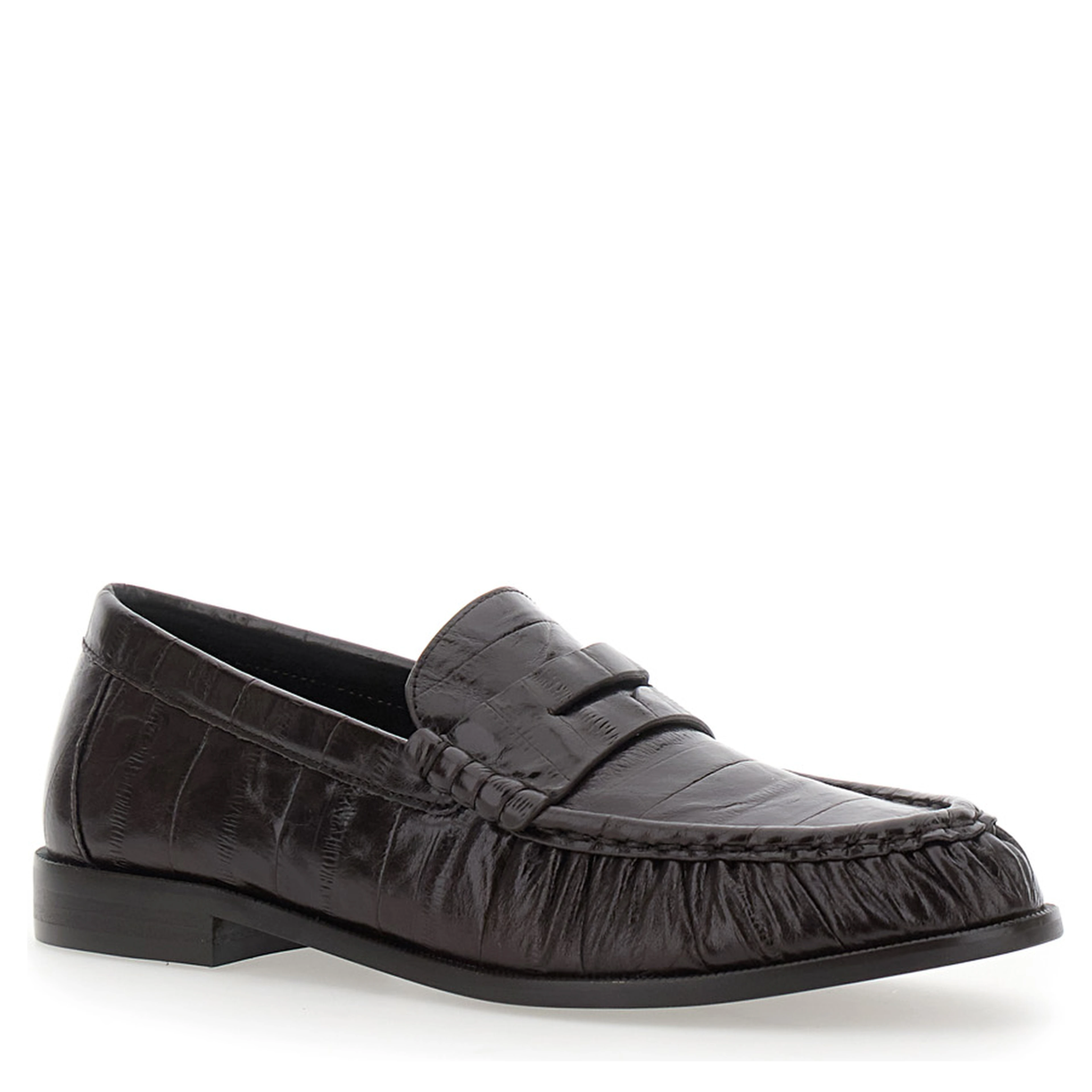 Stallone black loafer with ruched toe in croc-effect leather for women