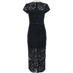 Black long dress with contrasting collar and all-over lace embroidery in tech fabric for women