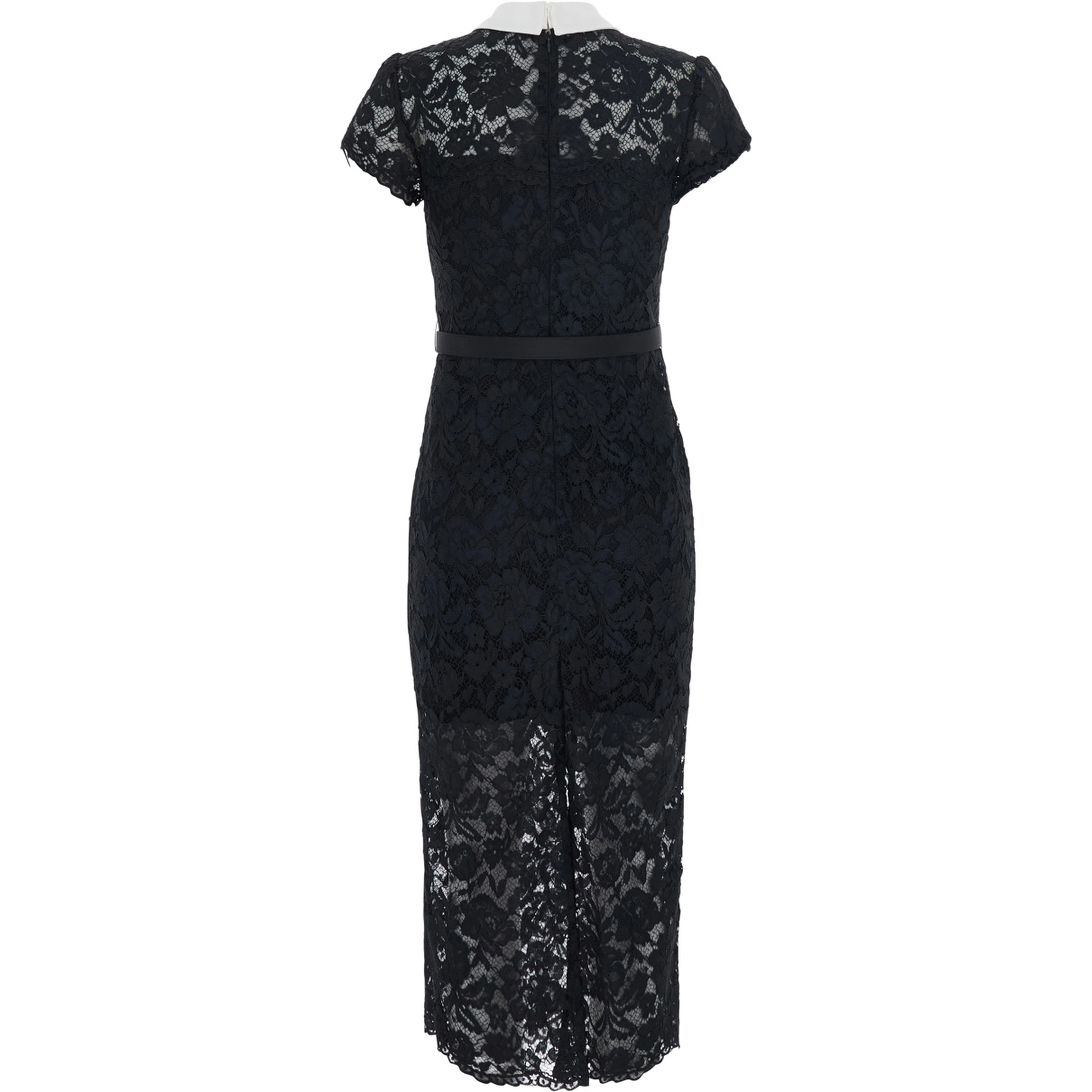 Black long dress with contrasting collar and all-over lace embroidery in tech fabric for women