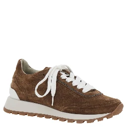 Brown Low Top Sneakers with Perforated Round Toe and Rubber Sole in Suede for Women