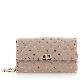 Pink Crossbody bag with Chain Strap and Rockstud All-Over in Leather for Women