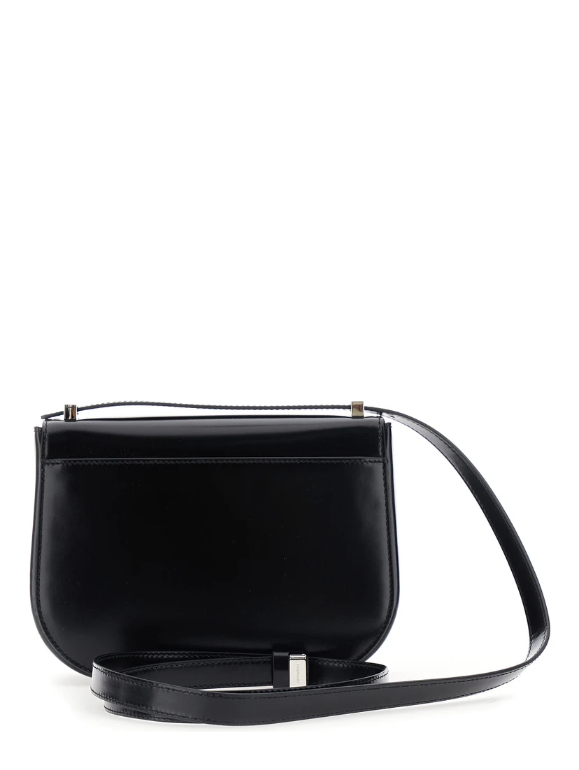 Black Crossbody bag with Adjustable Strap and Gancini Plaque on Front in Leather for Women