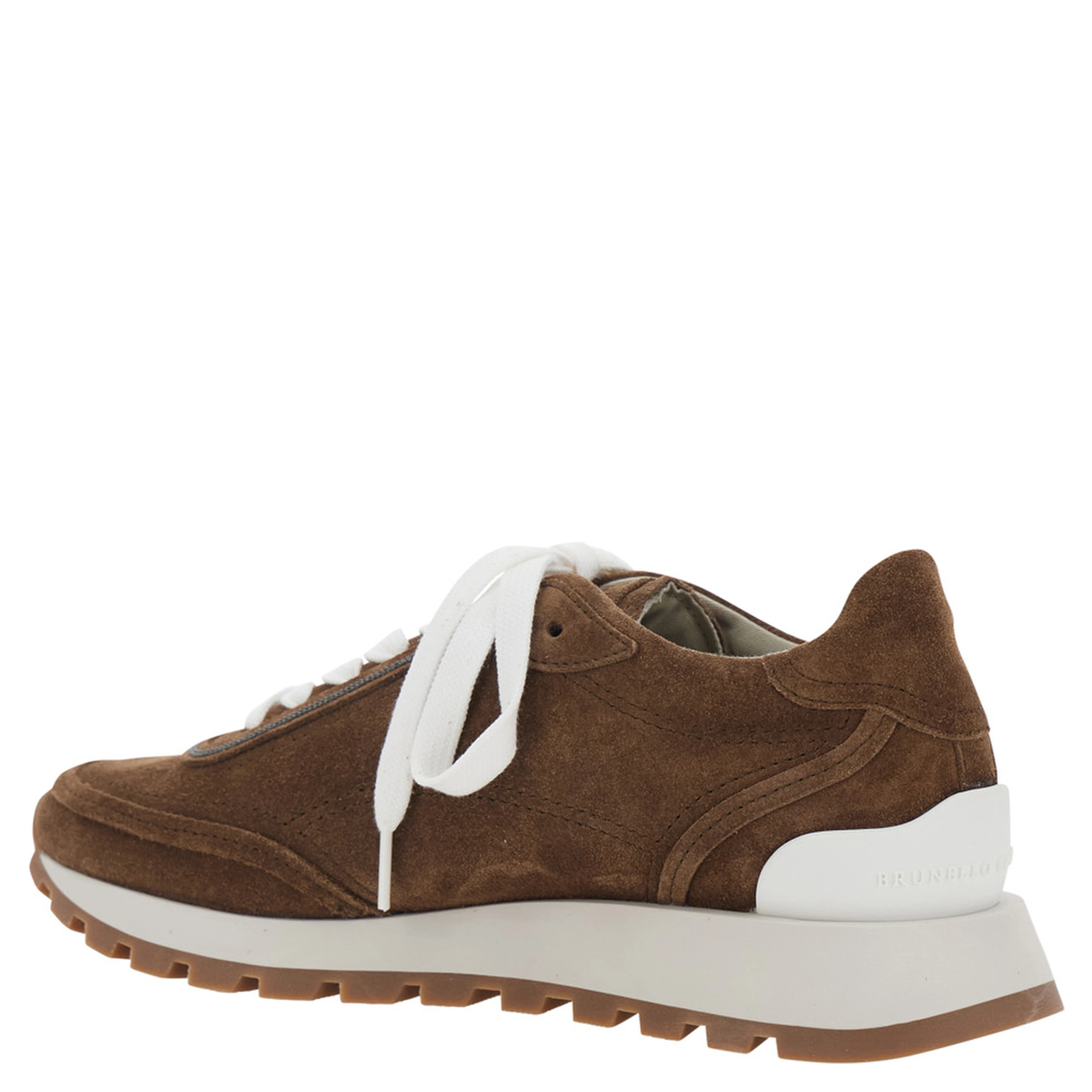 Brown Low Top Sneakers with Perforated Round Toe and Rubber Sole in Suede for Women