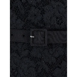 Black long dress with contrasting collar and all-over lace embroidery in tech fabric for women