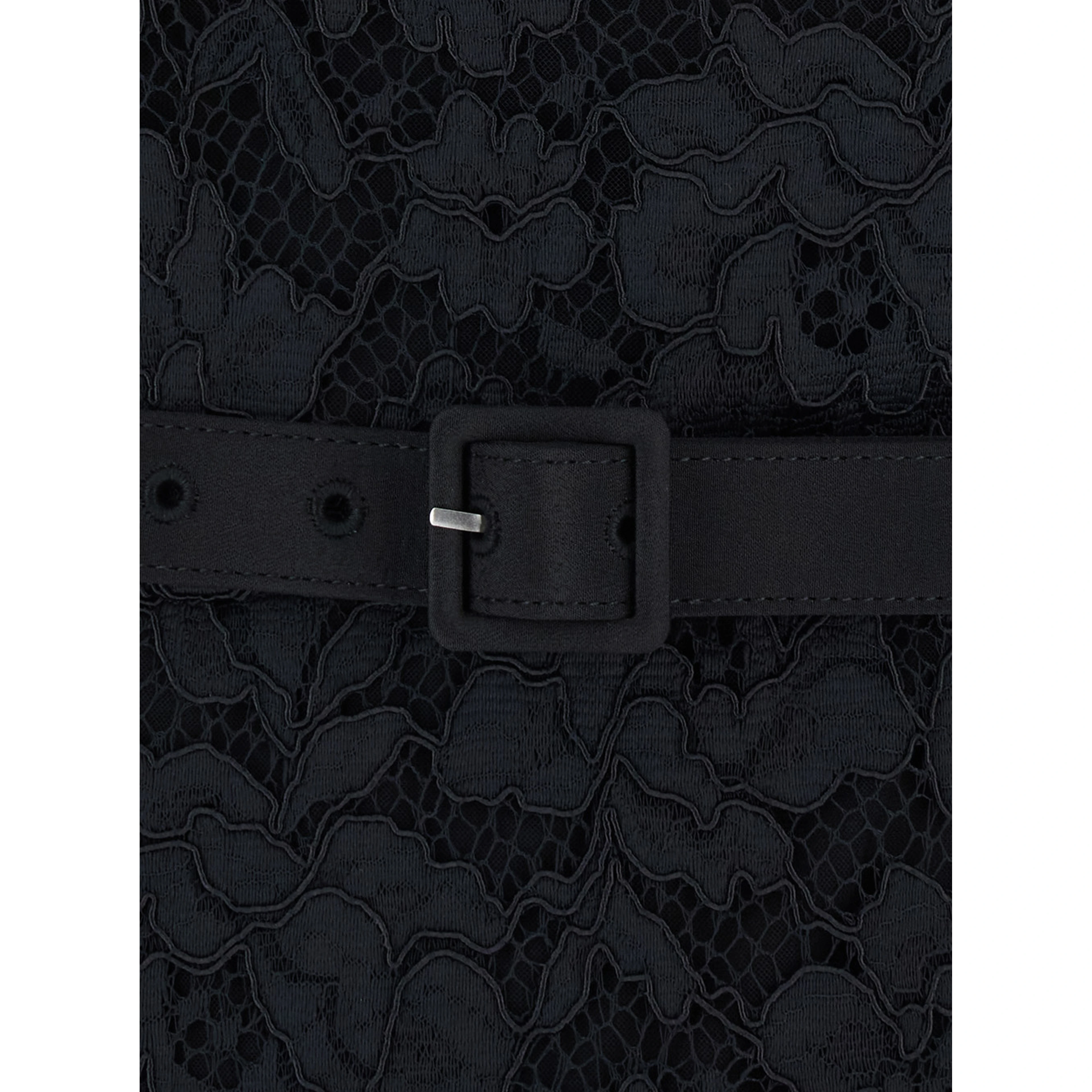 Black long dress with contrasting collar and all-over lace embroidery in tech fabric for women