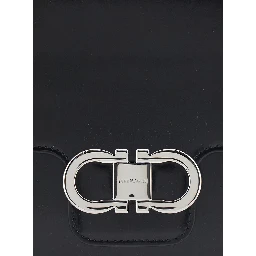 Black Crossbody bag with Adjustable Strap and Gancini Plaque on Front in Leather for Women