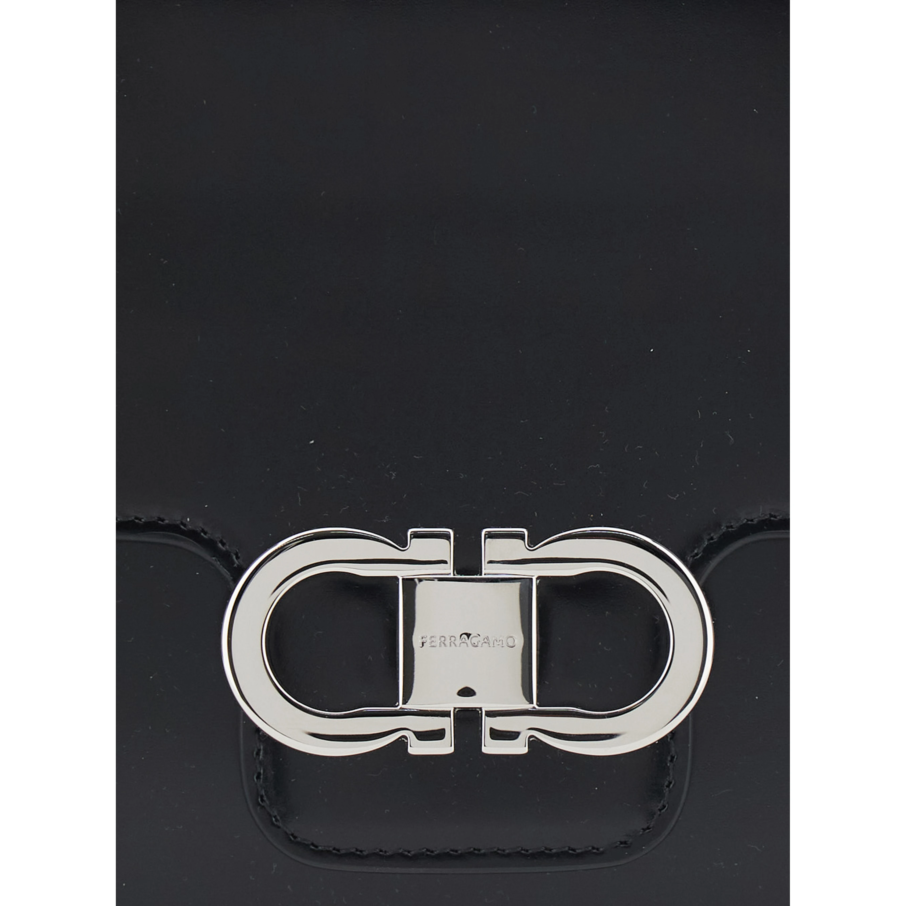 Black Crossbody bag with Adjustable Strap and Gancini Plaque on Front in Leather for Women