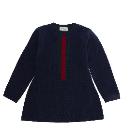 Blue dress with Web Stripe on the front in wool for baby