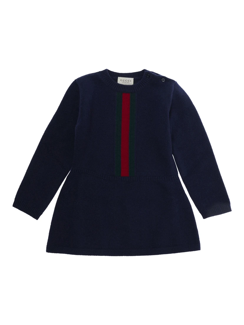 Blue dress with Web Stripe on the front in wool for baby