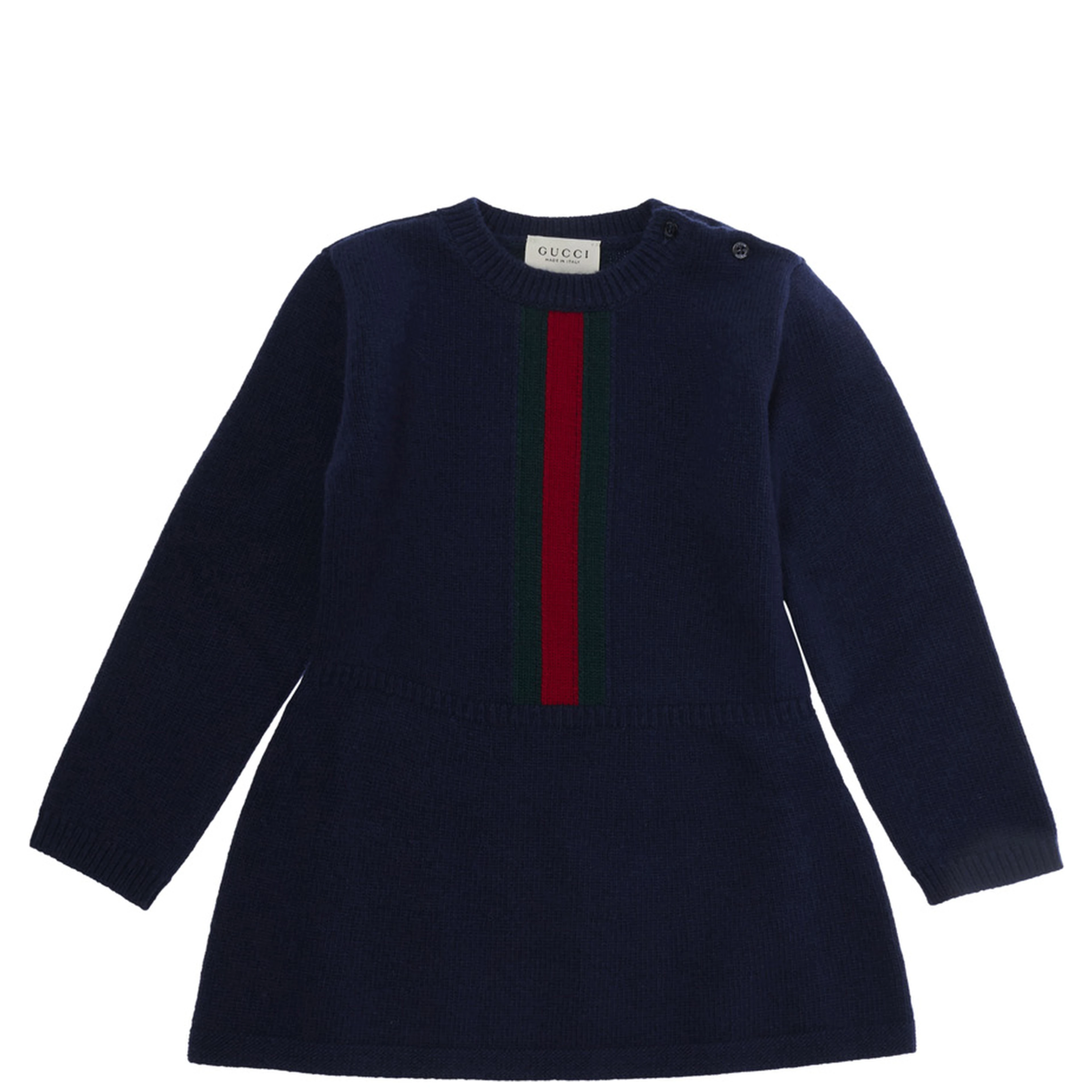 Blue dress with Web Stripe on the front in wool for baby