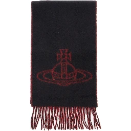 black Scarf with logo on the front and fringed edges in wool for women