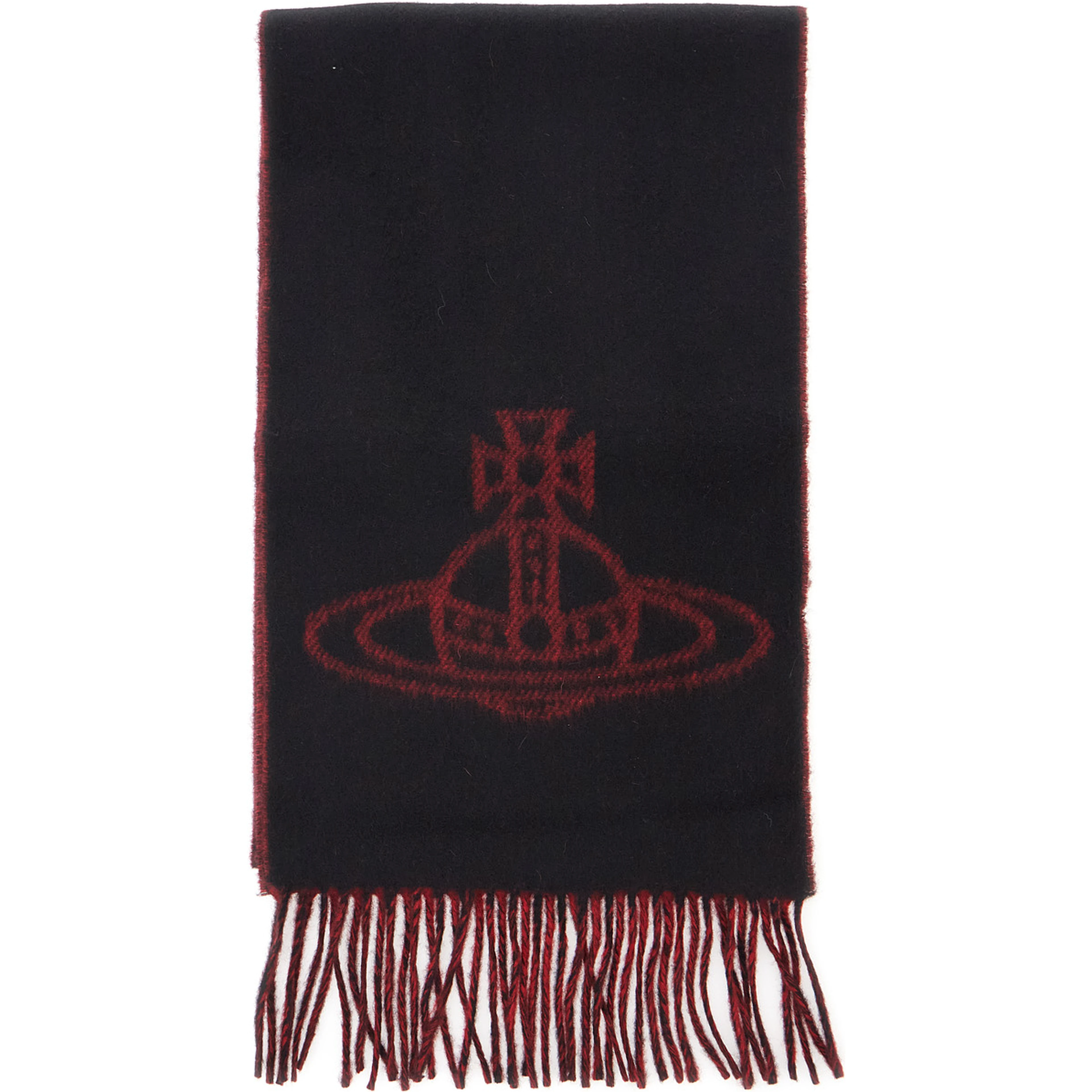 black Scarf with logo on the front and fringed edges in wool for women