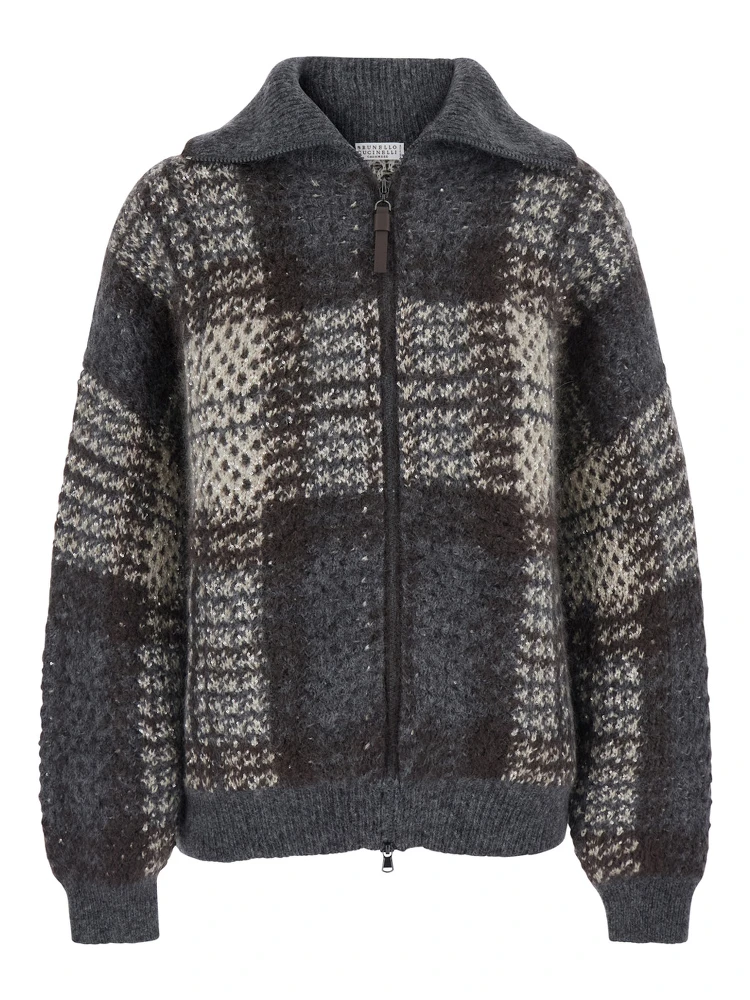 Multicolor Jacket with folded high collar and dropped shoulders in wool blend for women