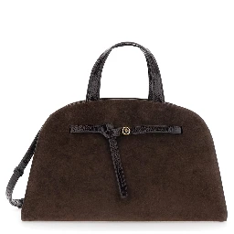 Romy Brown Handbag with Adjustable and Removable Shoulder Strap and Logo Plate on the Front in Suede for Women