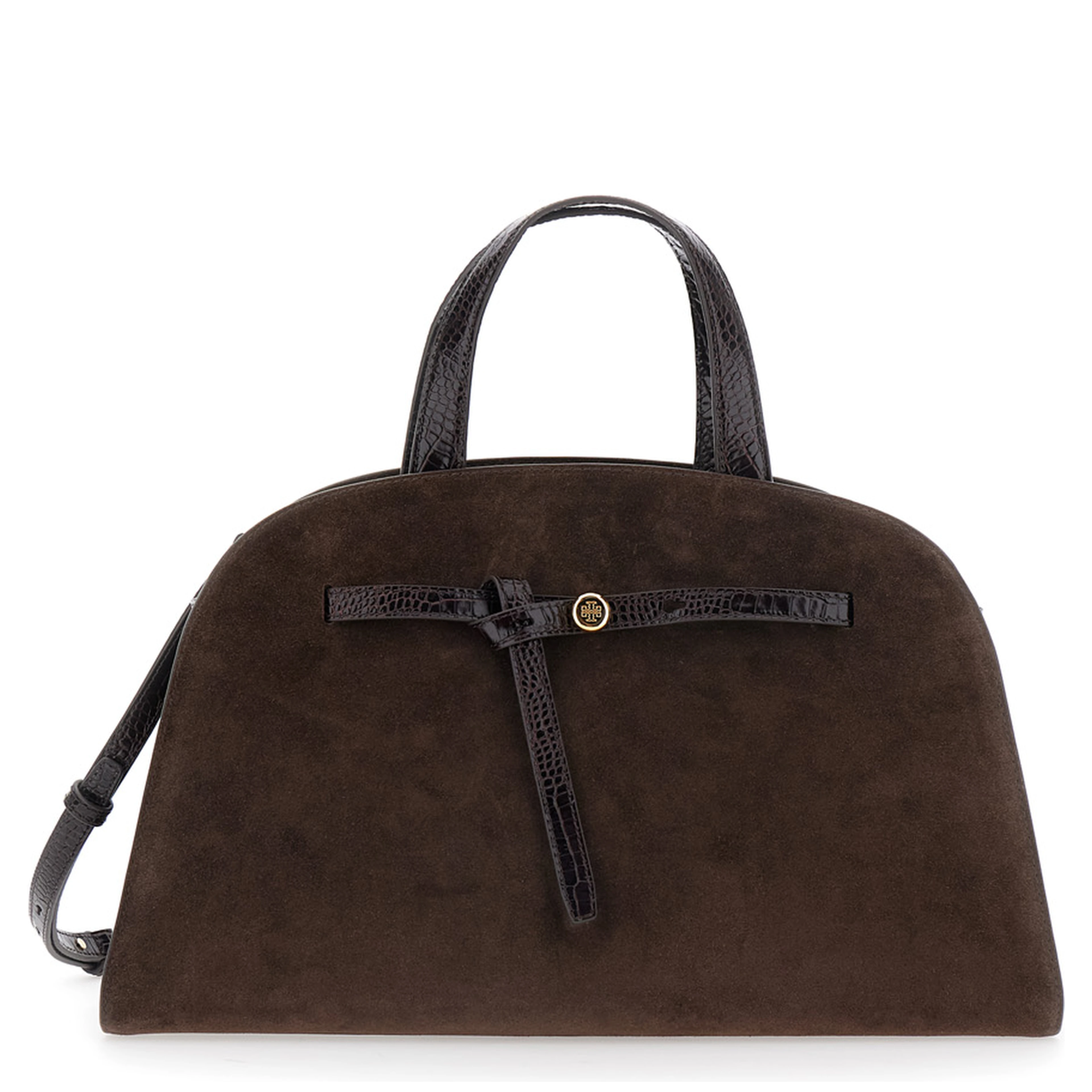 Romy Brown Handbag with Adjustable and Removable Shoulder Strap and Logo Plate on the Front in Suede for Women