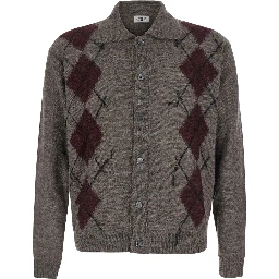 INSIDE OUT ARGYLE COLLAR CARDIGAN with notched revers and long sleeves in acrylic, nylon, wool and alpaca in brown for women