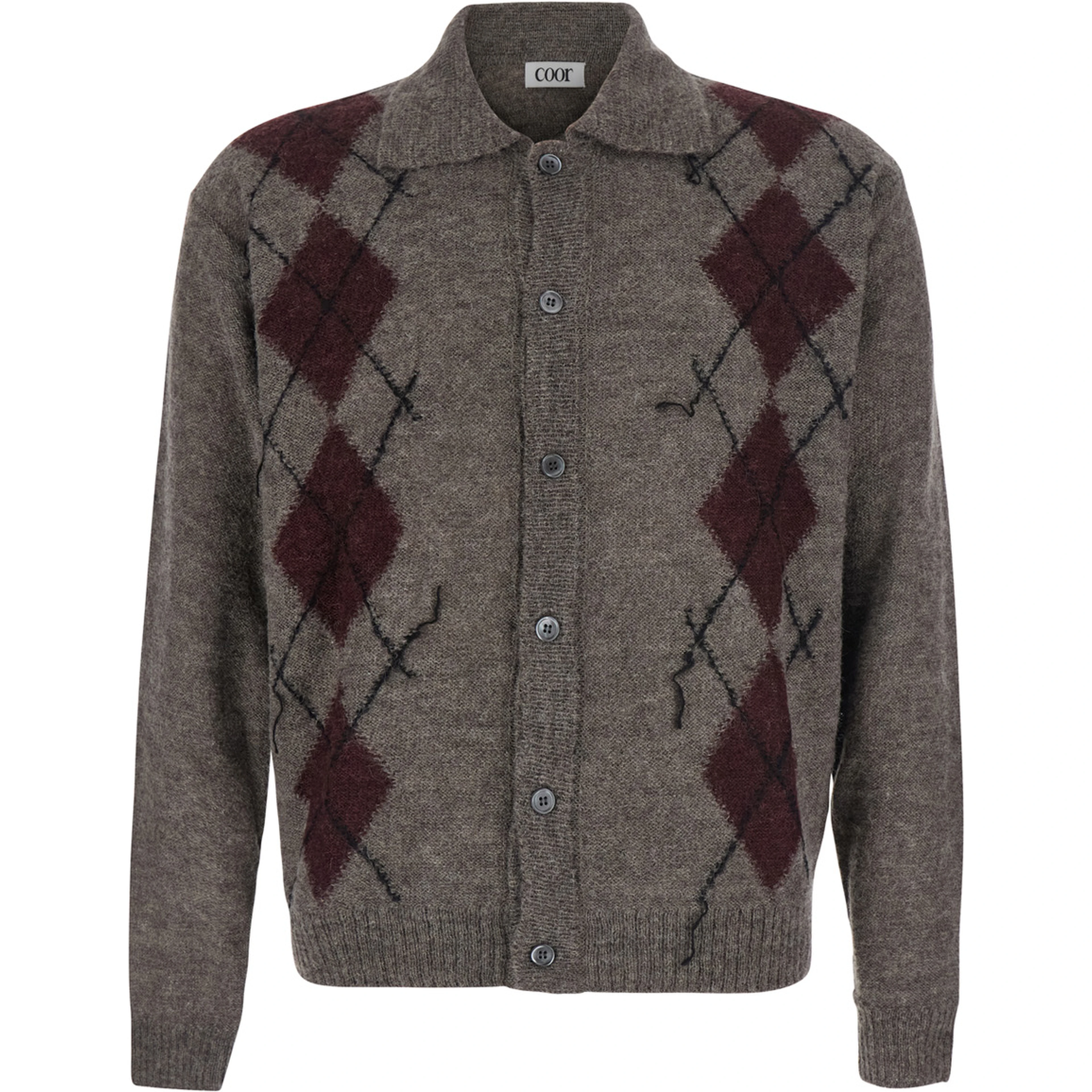 INSIDE OUT ARGYLE COLLAR CARDIGAN with notched revers and long sleeves in acrylic, nylon, wool and alpaca in brown for women