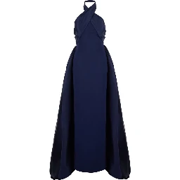 Rumi Blue Long Dress with Crossed Halterneck and Single Slit on the Back in Tech Fabric Women