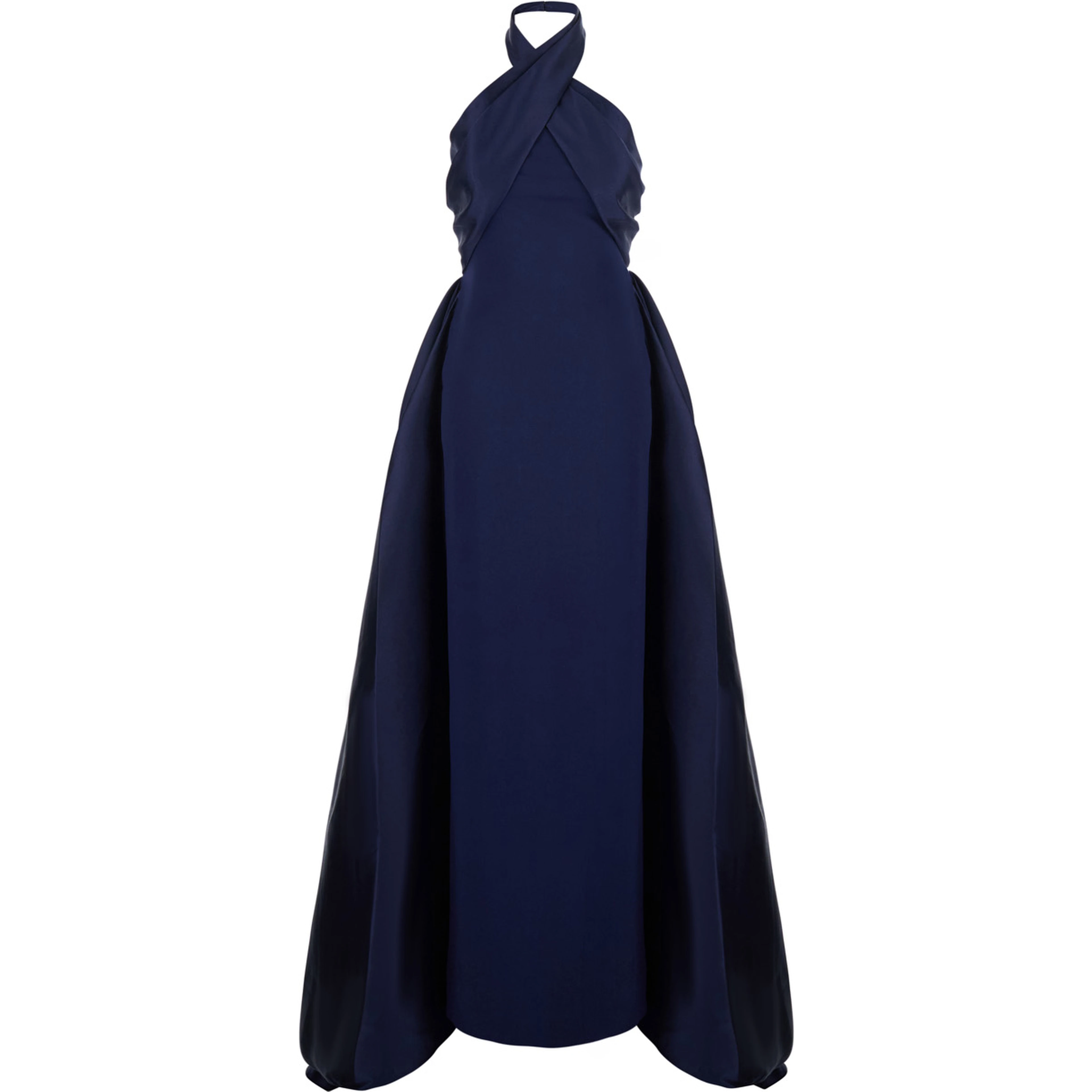 Rumi Blue Long Dress with Crossed Halterneck and Single Slit on the Back in Tech Fabric Women