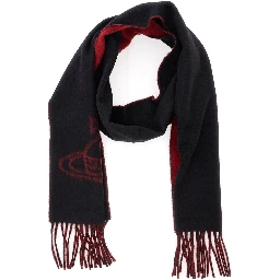 black Scarf with logo on the front and fringed edges in wool for women