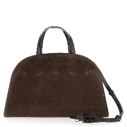 Romy Brown Handbag with Adjustable and Removable Shoulder Strap and Logo Plate on the Front in Suede for Women