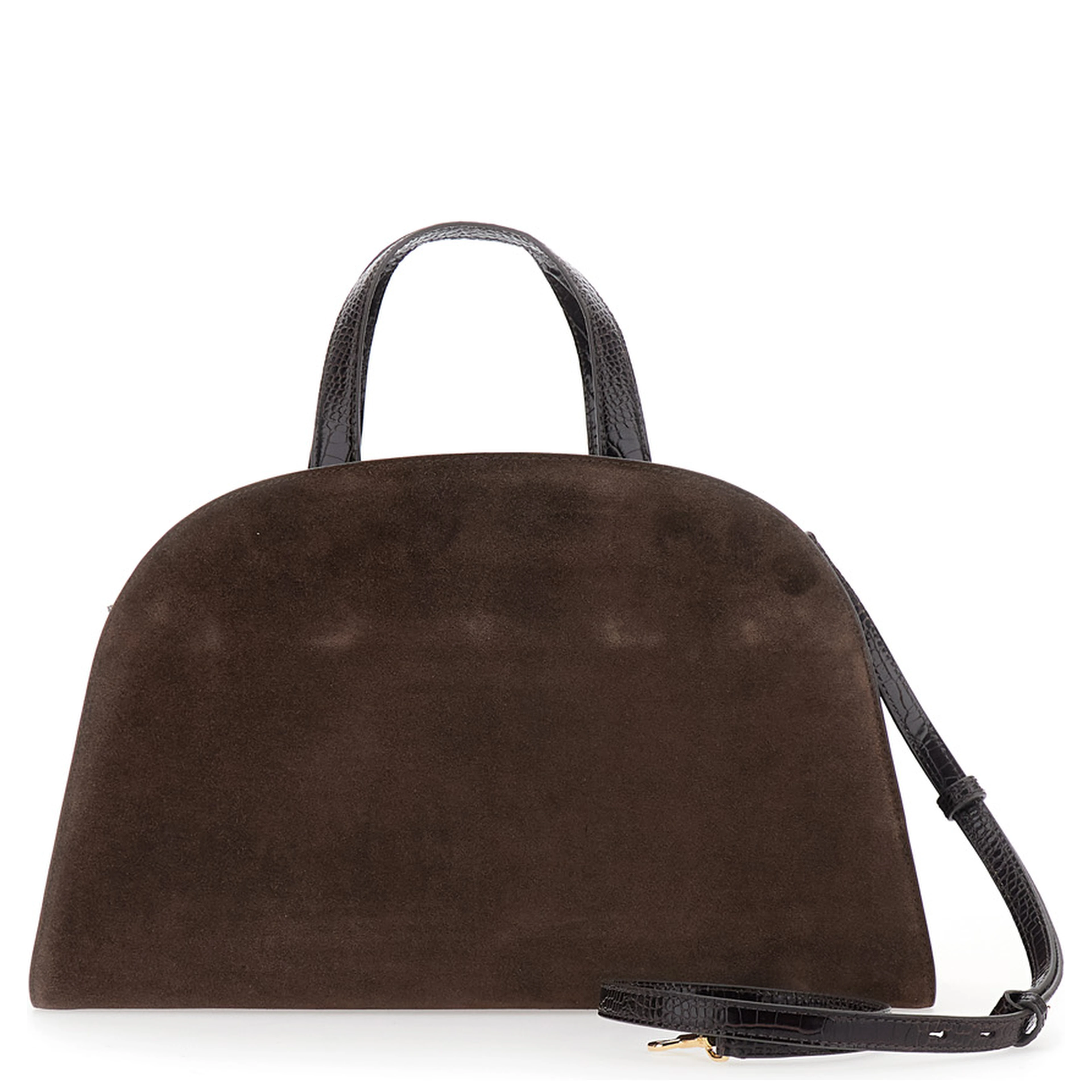 Romy Brown Handbag with Adjustable and Removable Shoulder Strap and Logo Plate on the Front in Suede for Women