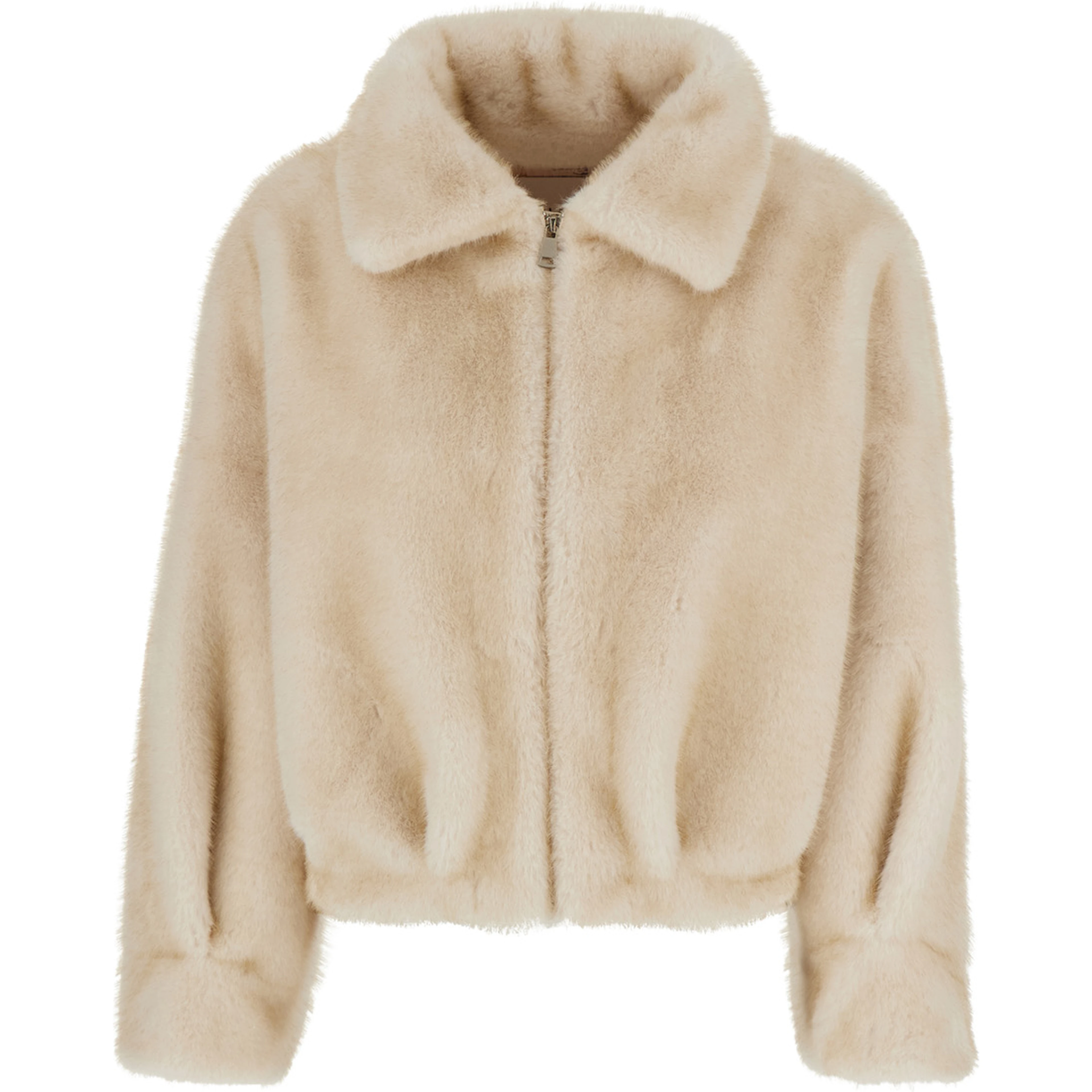 White Short shearling jacket with classic collar and zip closure on the front in ecofur for women