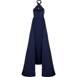Rumi Blue Long Dress with Crossed Halterneck and Single Slit on the Back in Tech Fabric Women