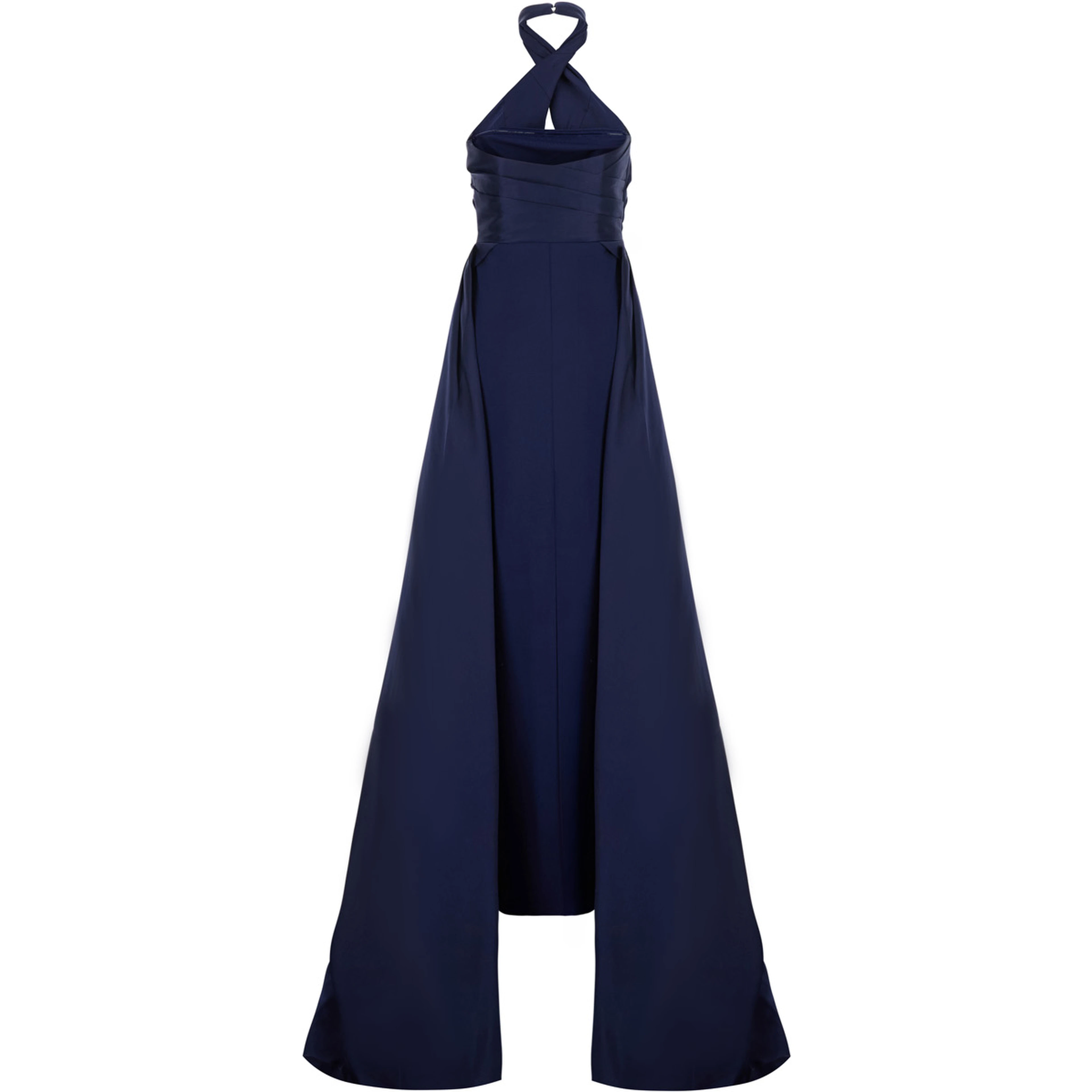 Rumi Blue Long Dress with Crossed Halterneck and Single Slit on the Back in Tech Fabric Women
