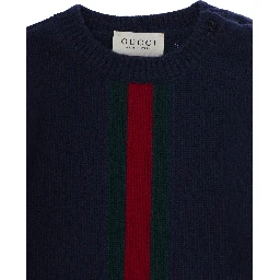 Blue dress with Web Stripe on the front in wool for baby
