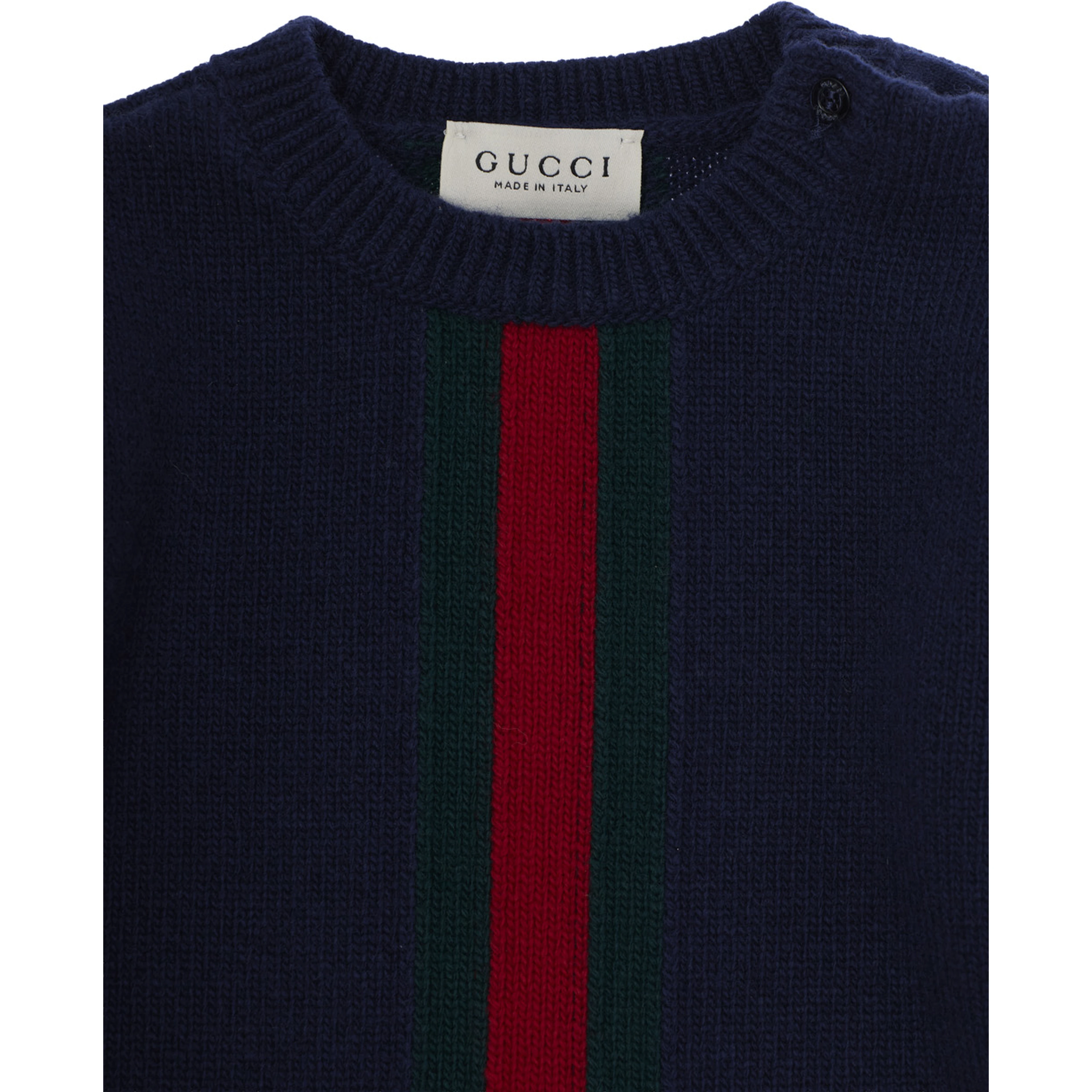 Blue dress with Web Stripe on the front in wool for baby