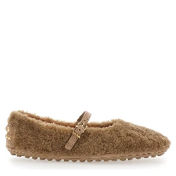 Beige Ballet Shoes with Adjustable Strap Closure in Fur for Women