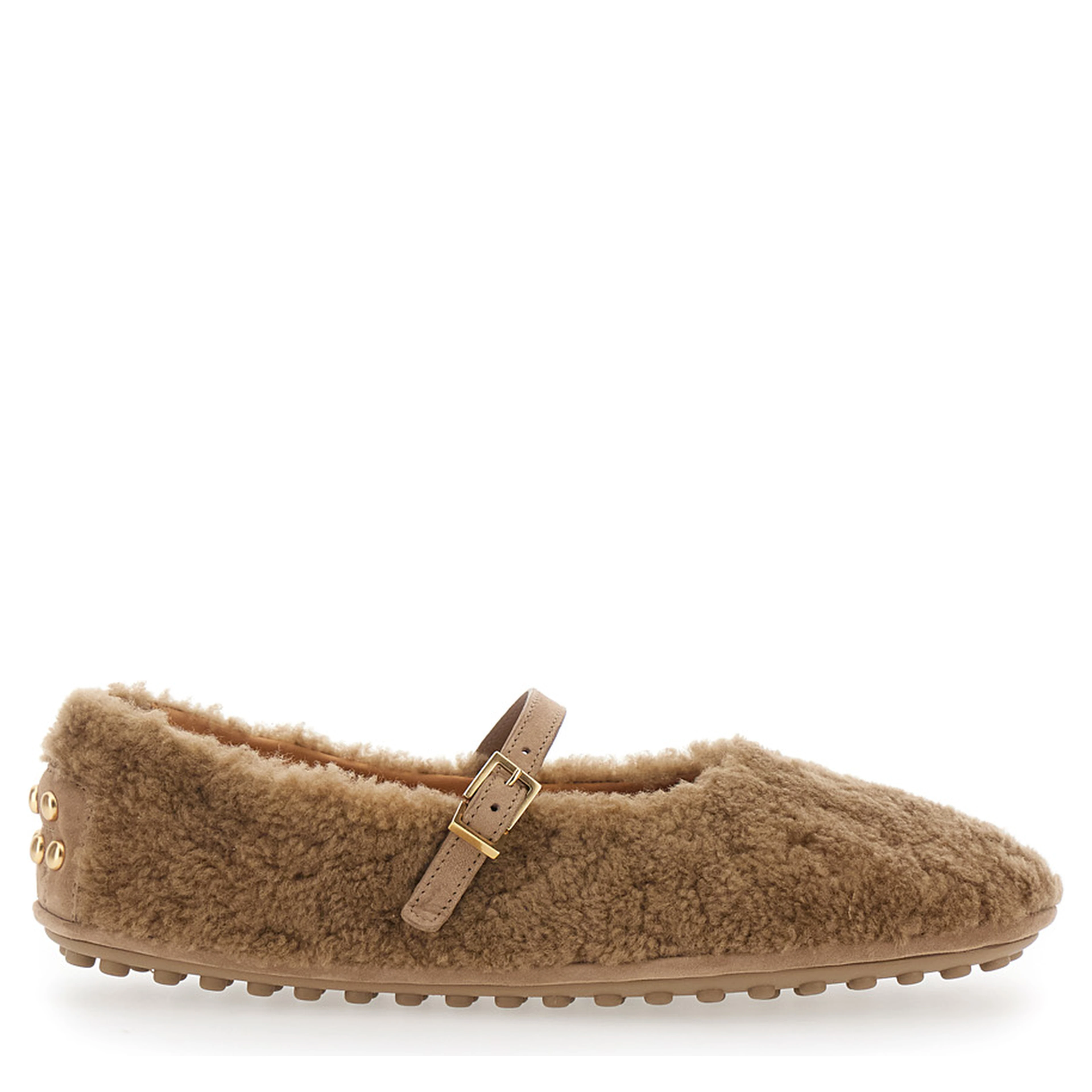 Beige Ballet Shoes with Adjustable Strap Closure in Fur for Women
