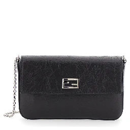 Black Crossbody bag with chain strap and FF plate on the front in leather for women