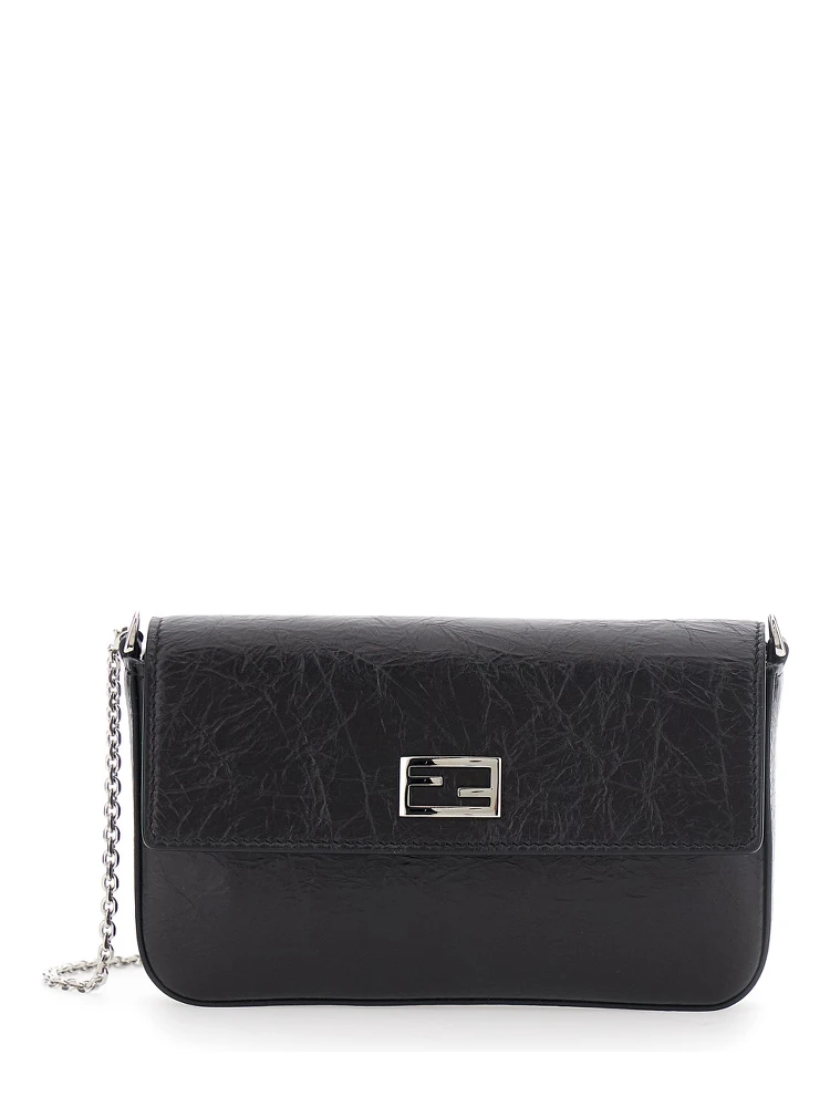 Black Crossbody bag with chain strap and FF plate on the front in leather for women