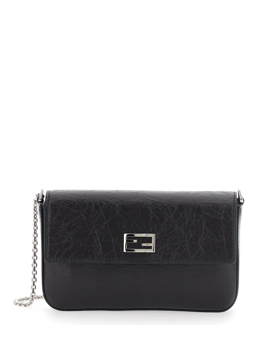 Black Crossbody bag with chain strap and FF plate on the front in leather for women