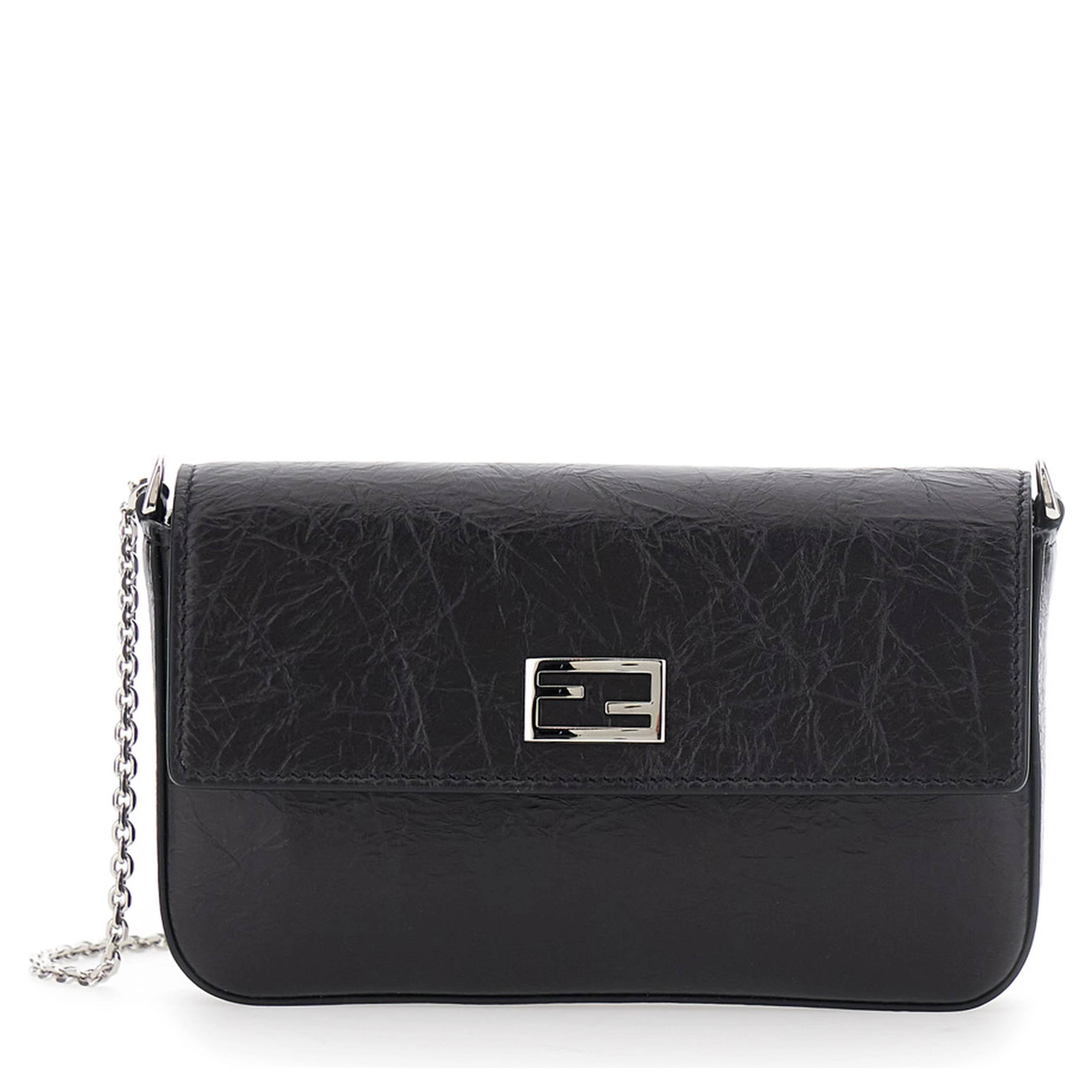 Black Crossbody bag with chain strap and FF plate on the front in leather for women