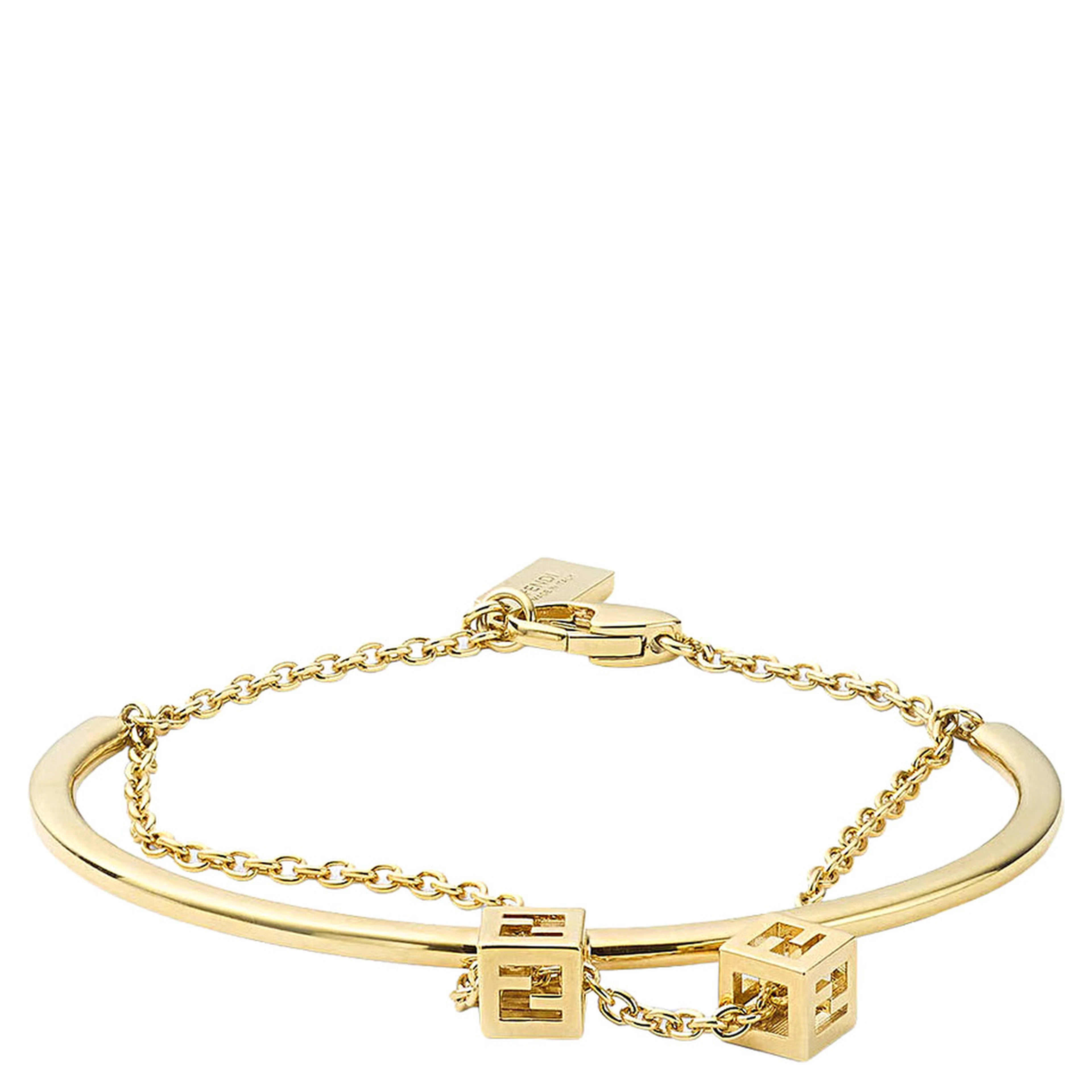 Gold-colored Double bracelet with chain and cube logo in metal for women
