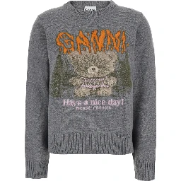 Gray Crew Neck Sweater with Maxi Graphic on the Front in Blend Wool Women