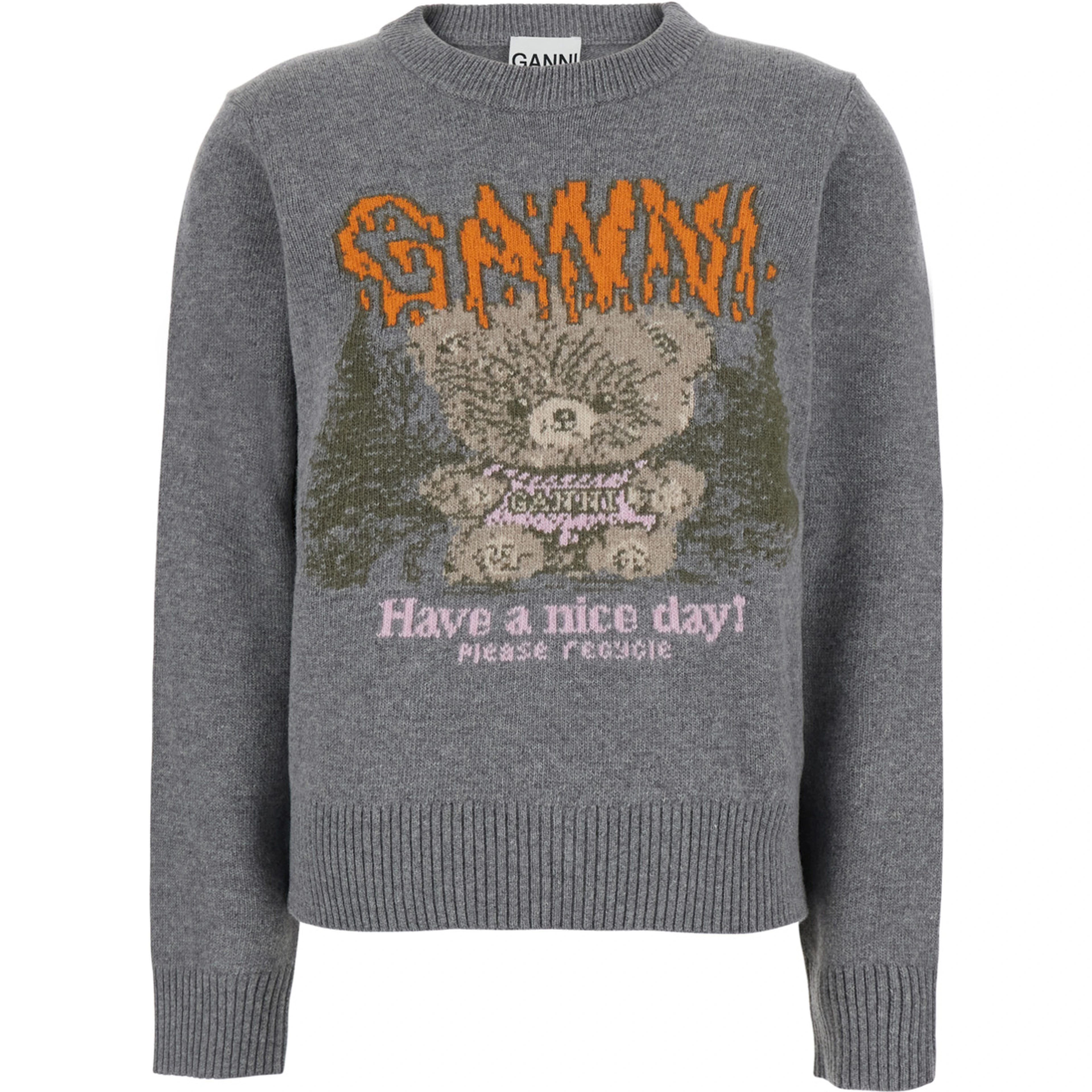 Gray Crew Neck Sweater with Maxi Graphic on the Front in Blend Wool Women