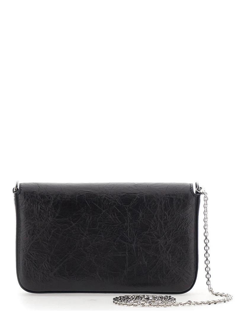 Black Crossbody bag with chain strap and FF plate on the front in leather for women