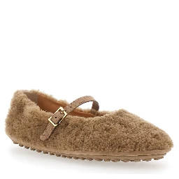 Beige Ballet Shoes with Adjustable Strap Closure in Fur for Women